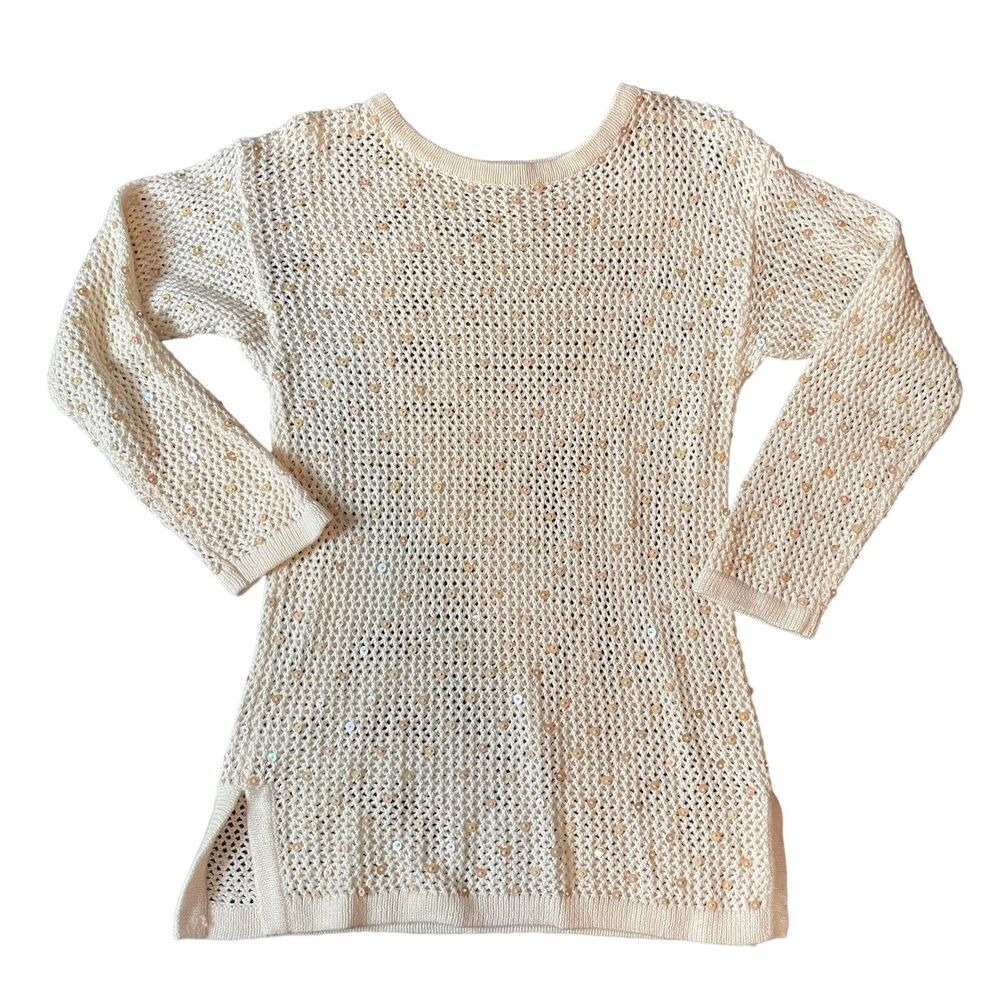 BALLINGER GOLD Cream Sequin Mesh‎ Knit Tunic Sweater Top Women's